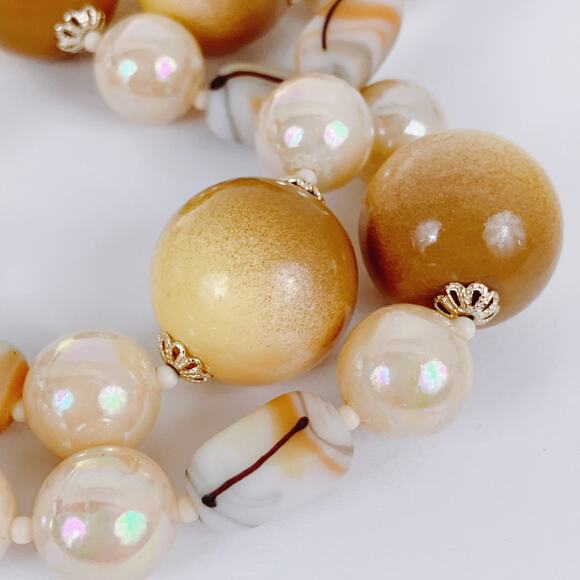 Vintage 1950s Mid Century Glass Bead Statement Necklace Cream Brown Chunky READ - Picture 6 of 13